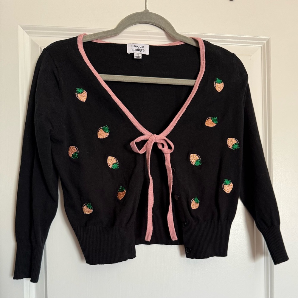 Unique Vintage Button Up Cardigan Bow | 50s Dandy Strawberry in Black Medium